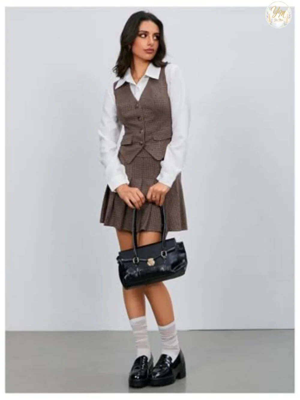 Women's Plaid 2 Piece Skirt Set Vest Top Pleated Mini Skirt Business Casual